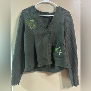 Disturbia Green Chunky Knit Cardigan with Embroidered Details